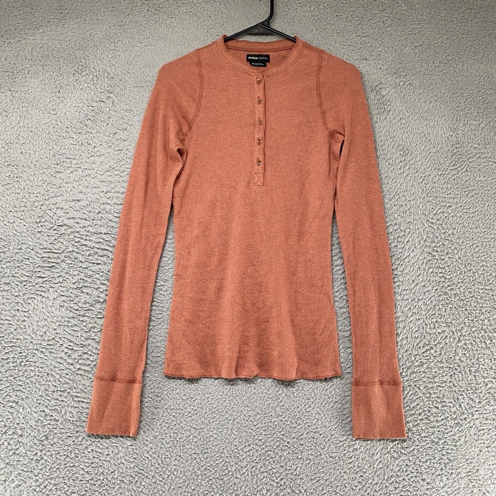 Prana Thermal Henley Top Womens Medium Orange Waffle Knit Long Sleeve Fall